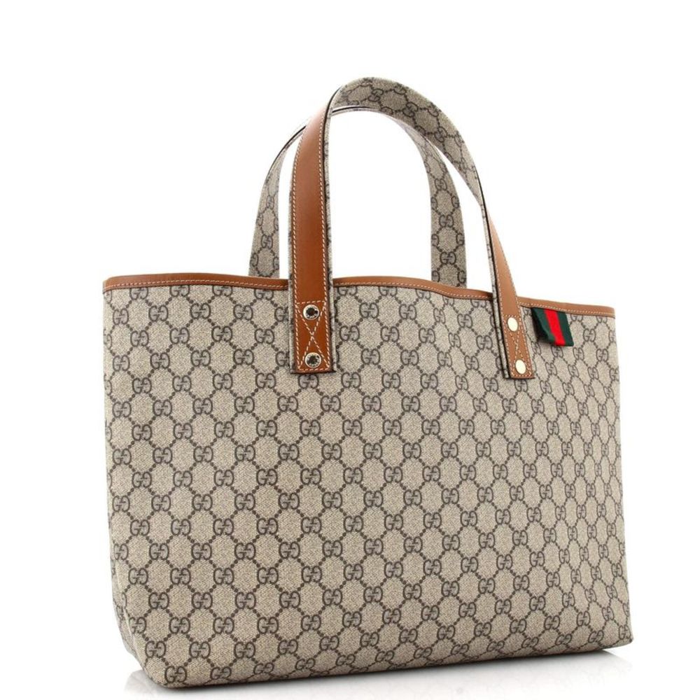 Gucci Beige GG Canvas Tote with Brown Leather Trim and Green-Red Web - Picture 2 of 5